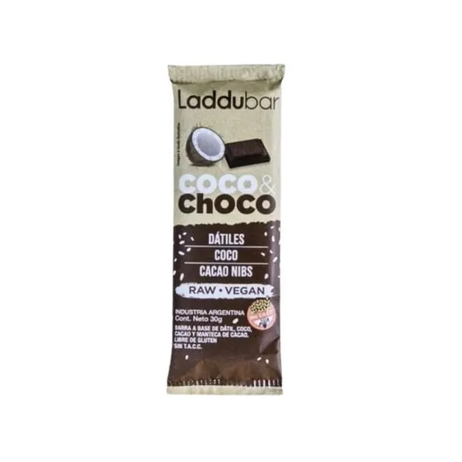 Laddubar barra vegana de coco y chocolate sin tacc