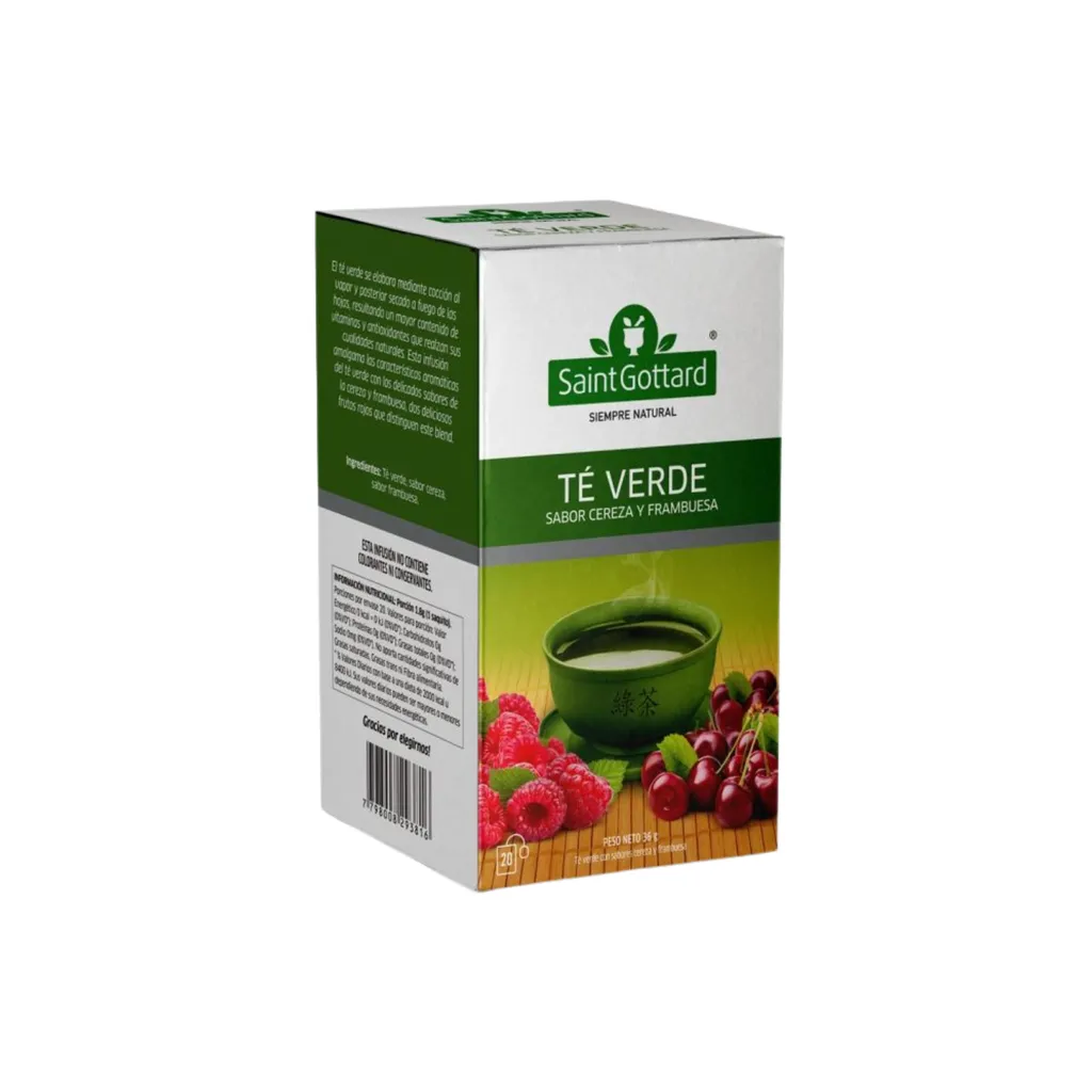 Saint Gottard té verde sabor cereza y frambuesa x20 saquitos