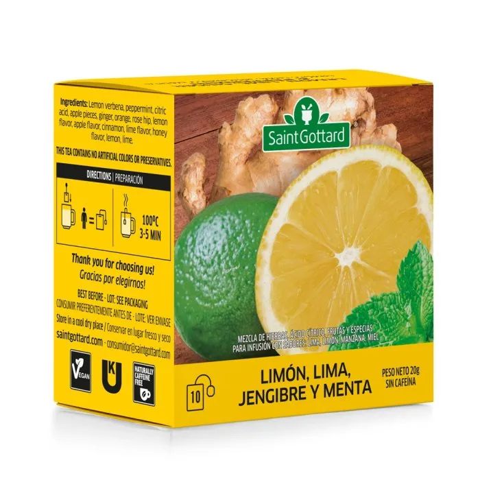 Saint Gottard té limon, lima, jengibre y menta x10 saquitos