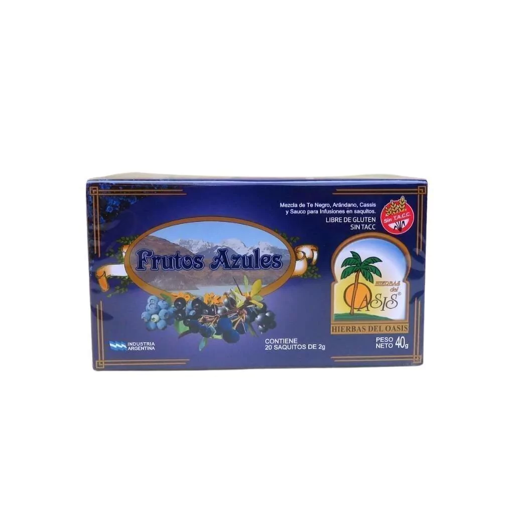 Oasis infusiones x 20 Té Frutos Azules (Té negro, naranja, arándanos y sabor a arándano, cassis, sauco y calafate)