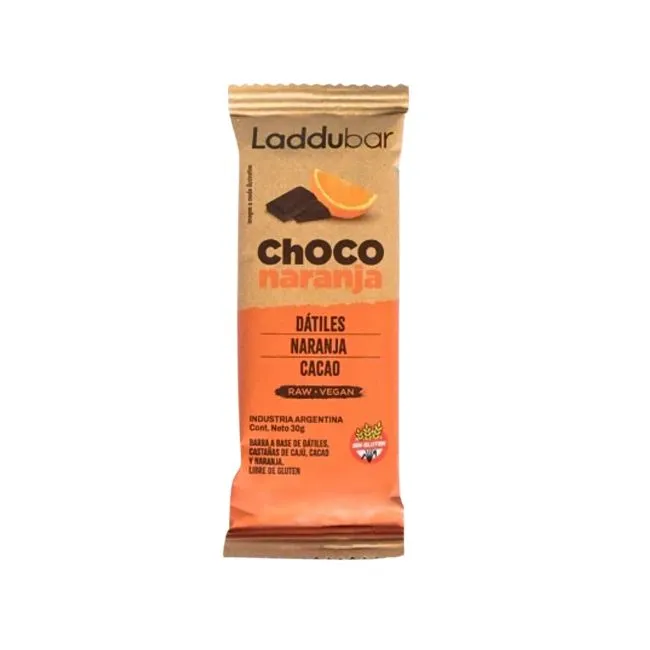 Laddubar barra vegana de chocolate y naranja sin tacc